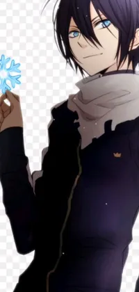 This live wallpaper features a male character casually holding a delicate snowflake in a mesmerizing art style