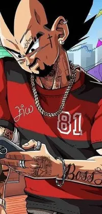 This live wallpaper features a male character wearing a red shirt, holding out his cell phone, in an anime style of artwork inspired by Dragon Ball