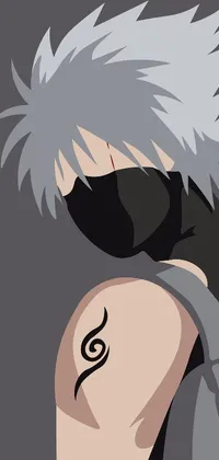 Get this phone live wallpaper of a character with a tattooed arm! The vector art design on the cover of your iPhone 15 background resembles Kakashi Hatake, plus the mask worn is sure to be eye-catching