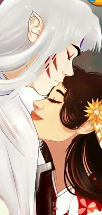 This phone live wallpaper depicts a romantic moment with a person kissing another wearing a white dress and silver hair