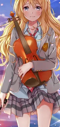 This phone live wallpaper features a charming schoolgirl holding a violin