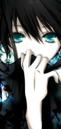 This striking phone live wallpaper features a close-up of blue eyes with an anime styled 3D effect set against a black background that emits a gothic aura