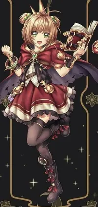 This phone live wallpaper showcases a beautiful anime drawing of a girl donning a classy red dress with a crown on her head