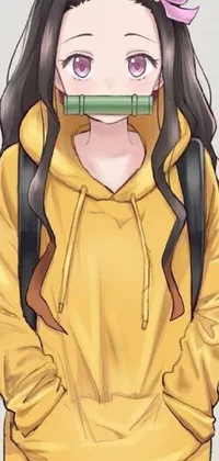 This lively phone wallpaper features a cute anime-style girl in a yellow hoodie with a pencil between her lips and a colorful bandaid on her nose