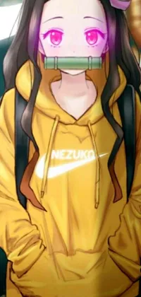This anime inspired live phone wallpaper depicts a charming character wearing a yellow hoodie and sporting a pencil in her mouth