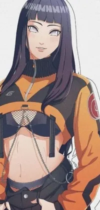 Get a stunning and edgy anime-style phone live wallpaper featuring a beautiful woman with long black hair, dressed up in a Japanese high school uniform, lace-front bralette and cables on her body