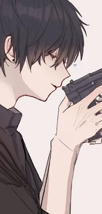 This live phone wallpaper features a male anime character with short black hair holding a gun