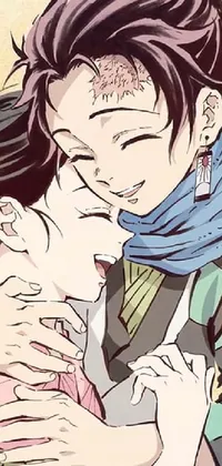 This live phone wallpaper depicts a romantic kiss between a man in a kimono and a woman, in a vibrant and trendy color scheme