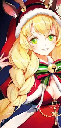 This phone live wallpaper features an anime drawing of a woman dressed as Santa Claus, accompanied by a anime-styled rendition of the popular DC Comics character Black Canary