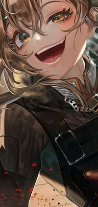 This lively phone wallpaper features a close-up of a person confidently holding a sharp knife with a huge grin on their face