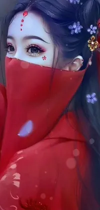 This live wallpaper features a stunningly beautiful female figure wearing a red kimono that's adorned with flowers
