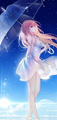 This anime live wallpaper features a stunning white-clad anime girl with long hair holding an umbrella in one hand while standing in the rain