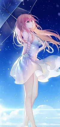 This enchanting anime-style phone live wallpaper depicts a graceful girl holding an umbrella in a starry sky