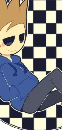 This phone live wallpaper features a cartoon boy with spiked hair laying on a checkered floor