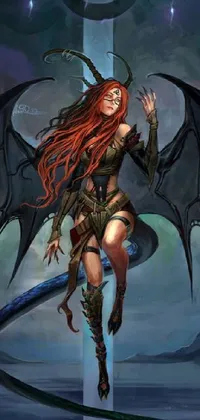 This fantasy mobile wallpaper presents an awe-inspiring artwork of a female dragon holding a sword