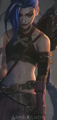 This phone live wallpaper shows a powerful woman with blue hair holding a sword