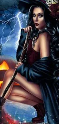 This phone live wallpaper features a captivating gothic art image of a witch on her broom, perfect for the fall season
