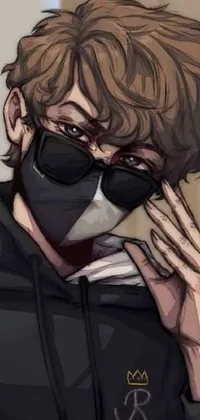 This phone live wallpaper showcases a close-up of a character sporting sunglasses and a black facemask, designed in a digital art style inspired by popular anime characters
