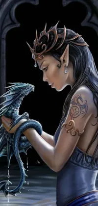This phone live wallpaper showcases an intricately detailed painting of a woman holding a dragon in a body of water, filled with shades of green and blue