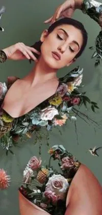 This dynamic live phone wallpaper features a stunning woman in a fashionable swimsuit, standing amidst a lush garden of flowers and colorful birds