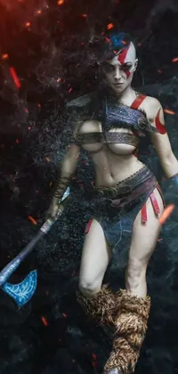 This live wallpaper features a fierce female warrior holding a sword in a powerful stance against a black background