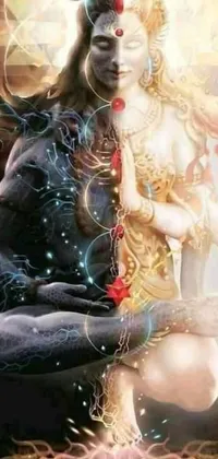 This stunning live mobile wallpaper features an otherworldly scene of a woman in a lotus position, surrounded by fantasy art elements such as black pearls, golden gems, and a man dressed in traditional Indian clothing