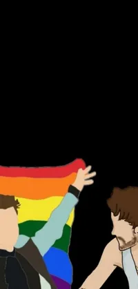 This phone live wallpaper depicts two individuals holding a rainbow flag in bold lines and vibrant colors, evoking the Stuckism style