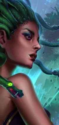 Get the ultimate phone live wallpaper featuring a close-up of a woman holding a snake, with snakes for hair in a fusion of fantasy and technology elements
