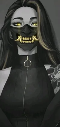 This mobile wallpaper features a striking close-up of a masked face with golden teeth, set against an anime woman in full-body art and the figure of Anubis