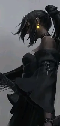 This stunning phone live wallpaper features a gothic-inspired digital artwork of a woman in a black dress holding a sword