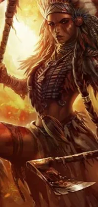 This live wallpaper is an image of a fierce warrior woman holding an axe