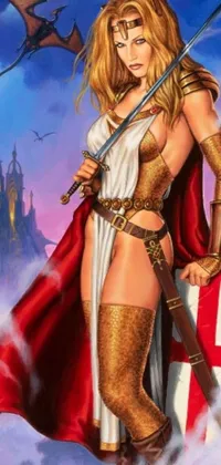This live wallpaper features an epic fantasy scene of a blonde female warrior standing in front of a castle with a sword