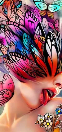 This stunning phone live wallpaper showcases a mesmerizing, colorful digital painting of a mystical woman surrounded by beautiful butterflies