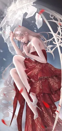 This phone live wallpaper features an anime drawing of an elegant woman in a red dress, holding an umbrella in the rain