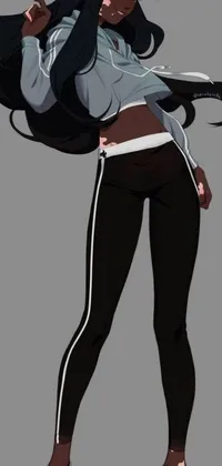This live phone wallpaper depicts a black and white drawing of a woman wearing a trendy track suit with black hair tied back in a ponytail