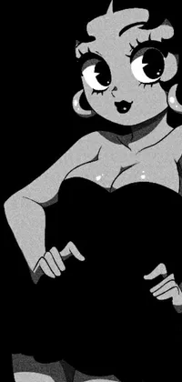This mobile live wallpaper features a monochrome drawing of a beautiful woman in a vintage dress, reminiscent of a beloved cartoon character