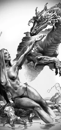 This phone live wallpaper boasts breathtaking fantasy art depicting a beautiful woman beside a menacing dragon