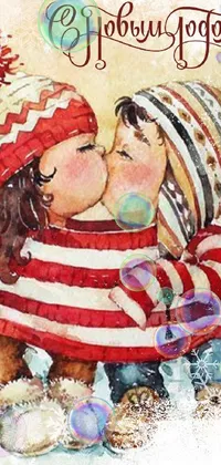This mesmerizing phone live wallpaper showcases an adorable painting of two kids kissing with candy canes accentuating the festive vibes