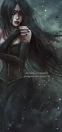 This phone live wallpaper features a mesmerizing gothic artwork with a woman standing in the snow, dressed in a dark cloak