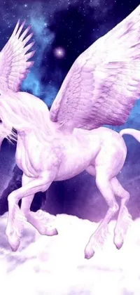 This exquisite live wallpaper depicts a unicorn with purple leather wings soaring through the sky