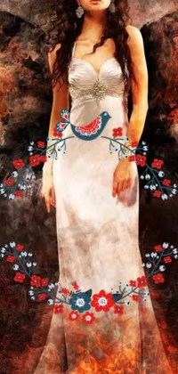 This phone live wallpaper is a stunning digital art creation featuring a woman in a white dress, standing in front of a fiery backdrop