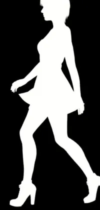 This live wallpaper features the minimalist silhouette of a woman strolling on a black background, donning a white mini skirt, and a short dress