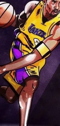 This phone live wallpaper depicts a colorful digital artwork of a basketball player dribbling a basketball against a backdrop of purple and yellow lighting