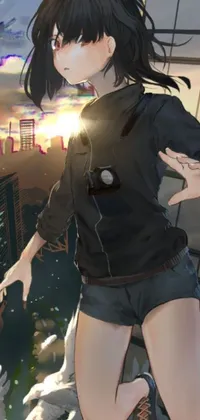 The phone live wallpaper showcases a woman on top of a tall dark building, traversing a shadowy city while holding a phone