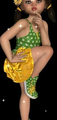 This live wallpaper features a digitally rendered little girl wearing a green and yellow dress