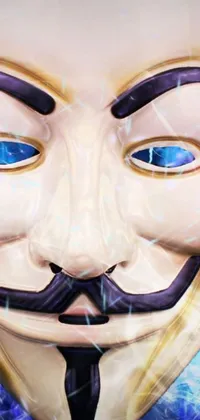 This live phone wallpaper showcases a bold digital art of a man wearing the famous V for Vendetta mask