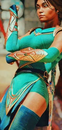 This live phone wallpaper showcases a full body close-up image of a woman wearing a green outfit and holding a sword, inspired by Kitana from the popular game, Mortal Kombat
