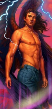 This stunning live wallpaper features a striking image of a muscular, winged man resembling an angel