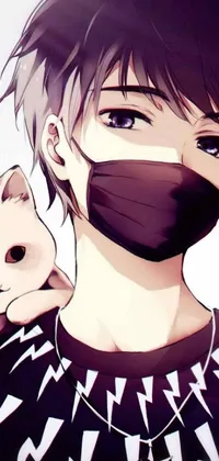 This phone live wallpaper presents an anime-inspired drawing featuring a person wearing a protective mask and holding an adorable feline