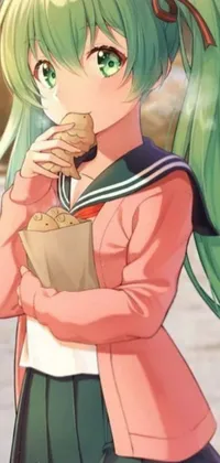 This live wallpaper features a playful scene of a girl with long green hair eating a pink glazed donut